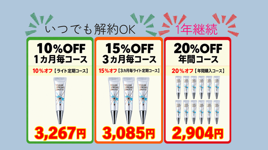 10％オフ：１本2,970円
15％オフ：1本2,805円
20％オフ：1本2,640円